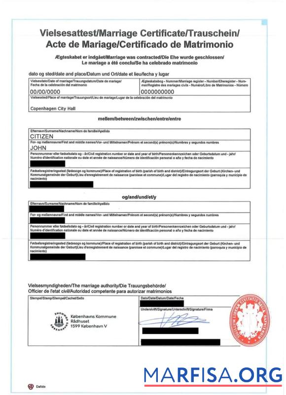 Blank Denmark international marriage certificate template